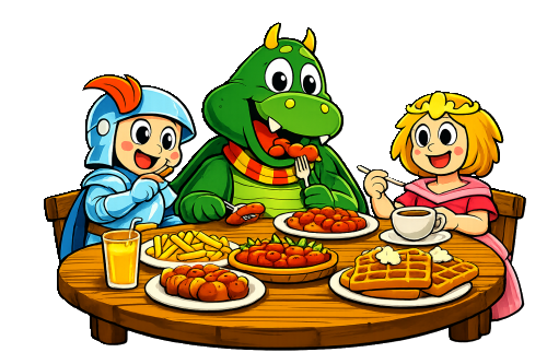 Ritter, Drache und Prinzessin beim Essen